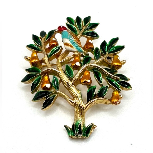 RARE 1960s Trifari Signed Tree of Life Brooch-Enamel Pear Tree Bird-Original Box - Picture 3 of 14